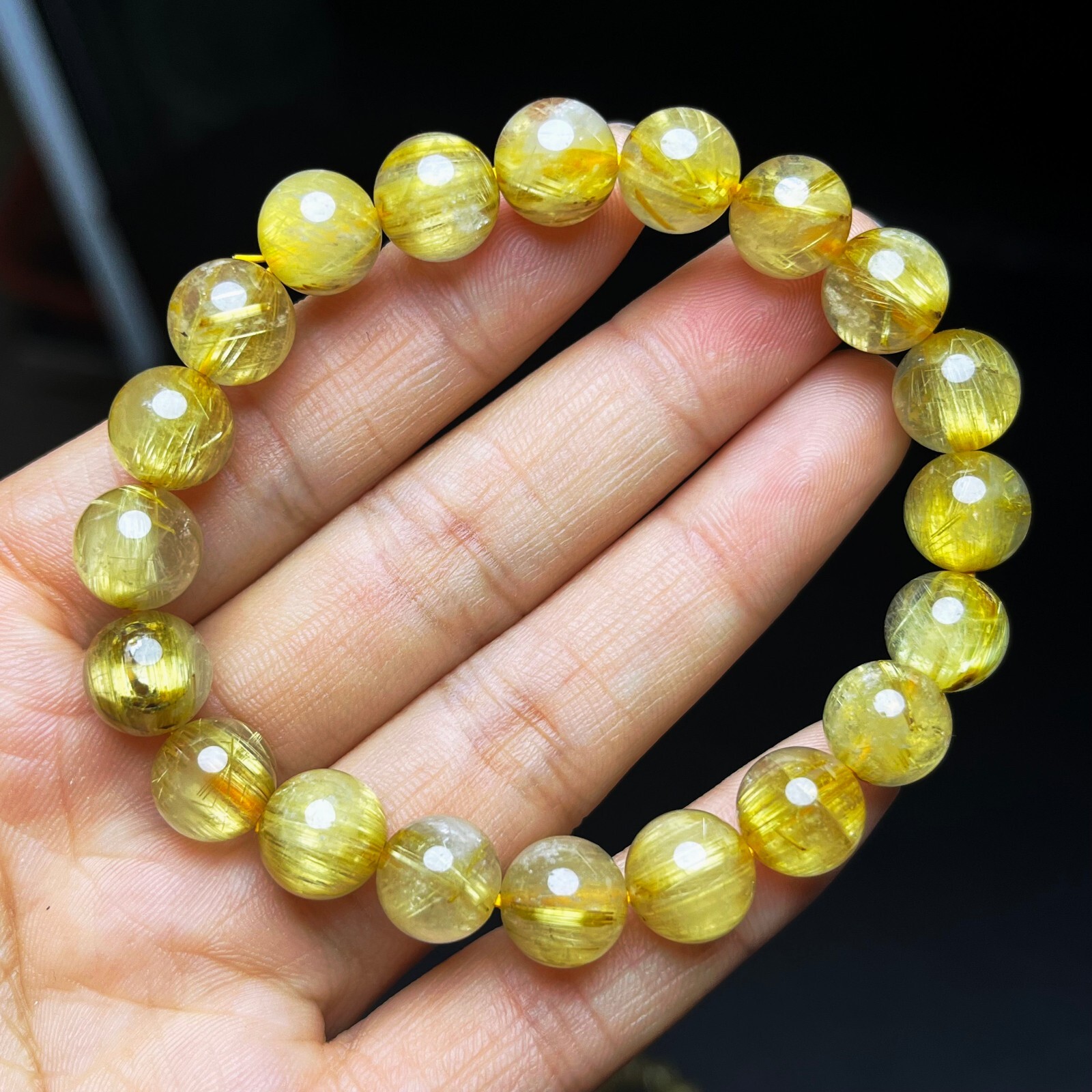 9.7mm Natural Gold Rutilated Quartz Stretch Crystal Beads Bracelet AAAA B27