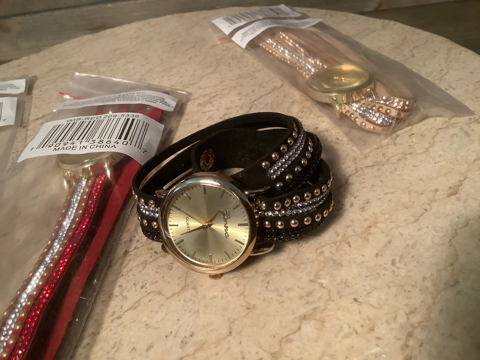 GENEVE DOUBLE WRAP WATCH BRACELET WITH SNAP CLOSURE NEW BLACK, RED, WHITE BEIGE