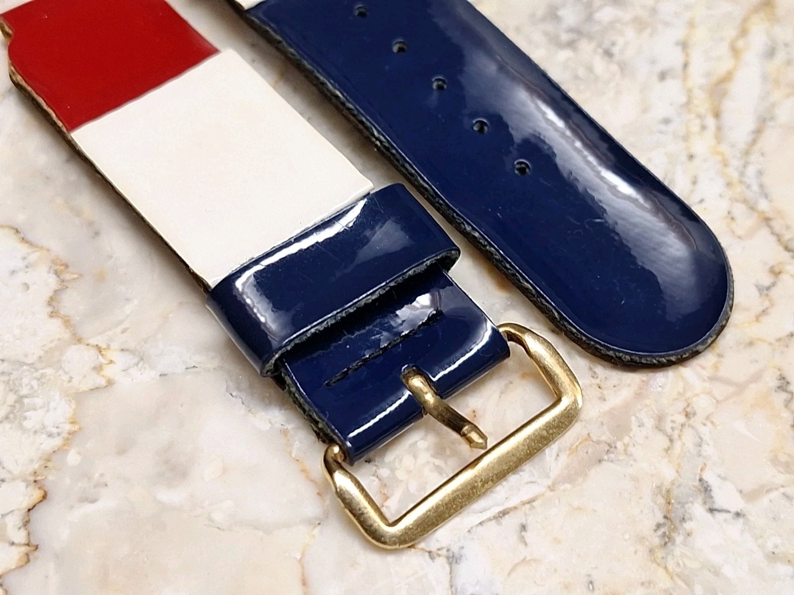 Vintage Tri-color Red White Blue Vinyl on Leather Watch Band Strap 12.3 mm