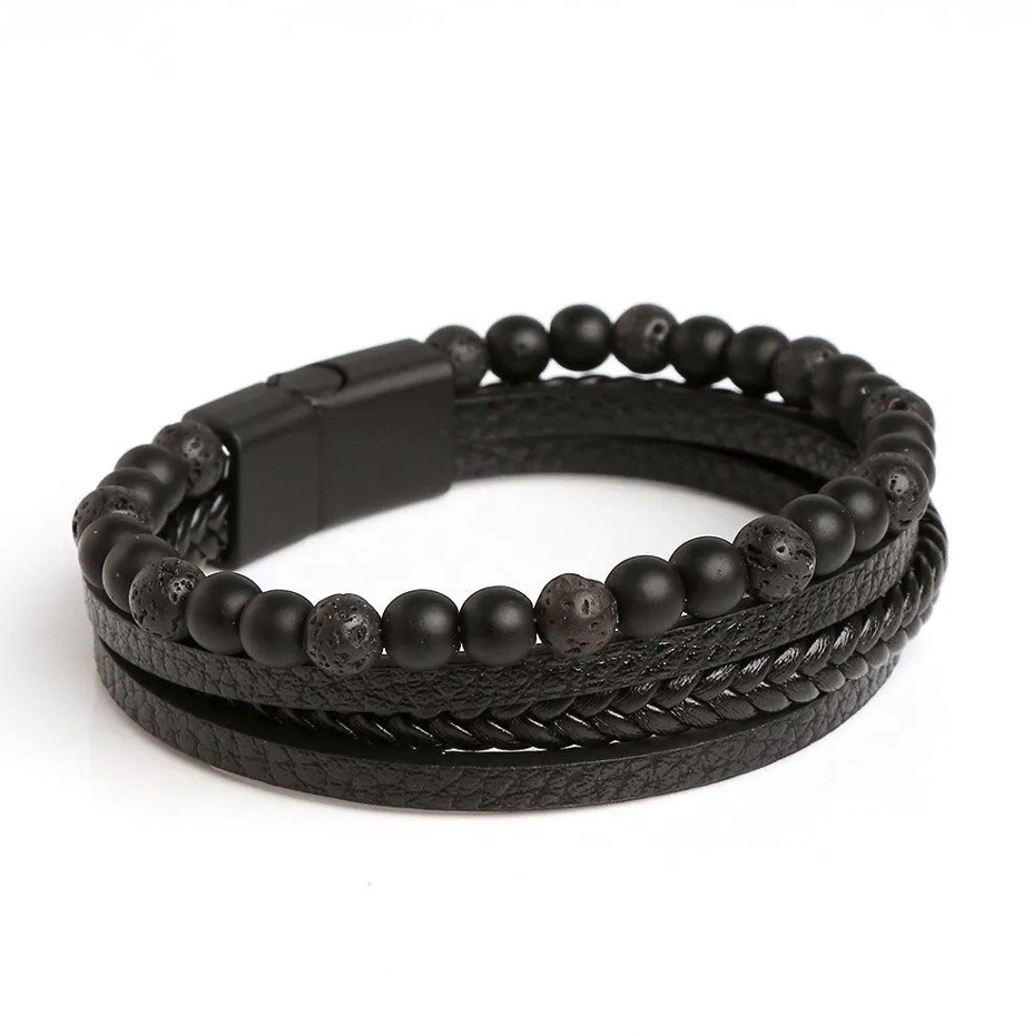 1pc Men Leather Tiger Eye Beaded Bracelet Multi Layer Wrap Style – NEW