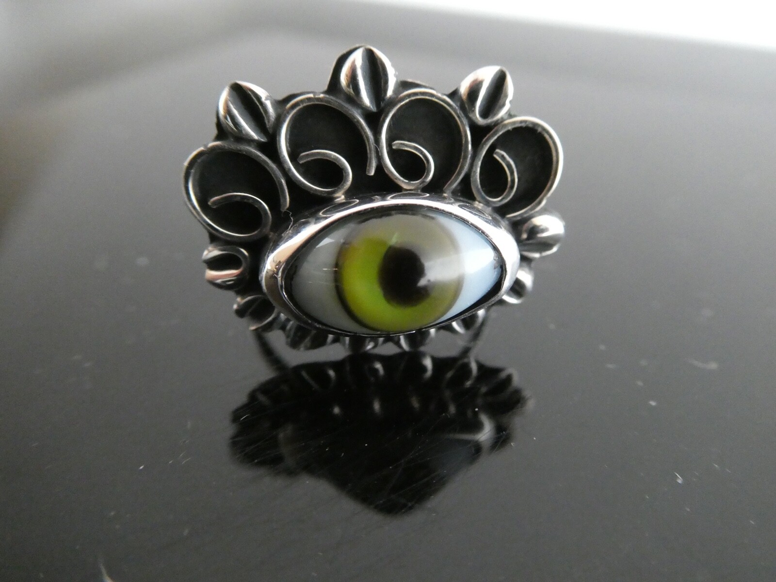 Green Evil EYE Sterling Silver 925 Taxco Mexico RING Adjustable Size 7 to 9