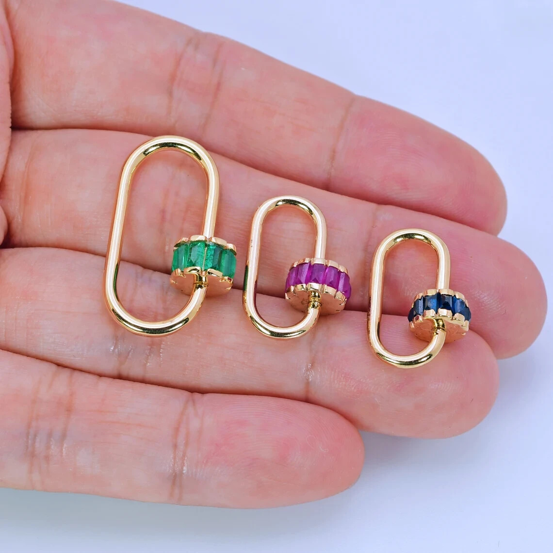 12.5×19.2mm 14K Solid Yellow Gold Blue Sapphire Charm Carabiner Enhancer Charm