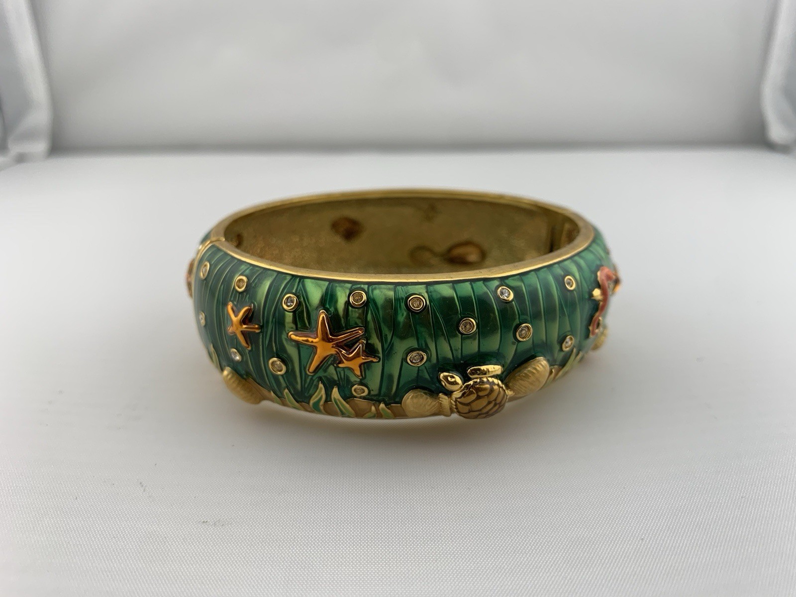 Vintage Koi Fish Enamel Hinged Bangle Bracelet Green Gold Tone Rhinestone Cuff
