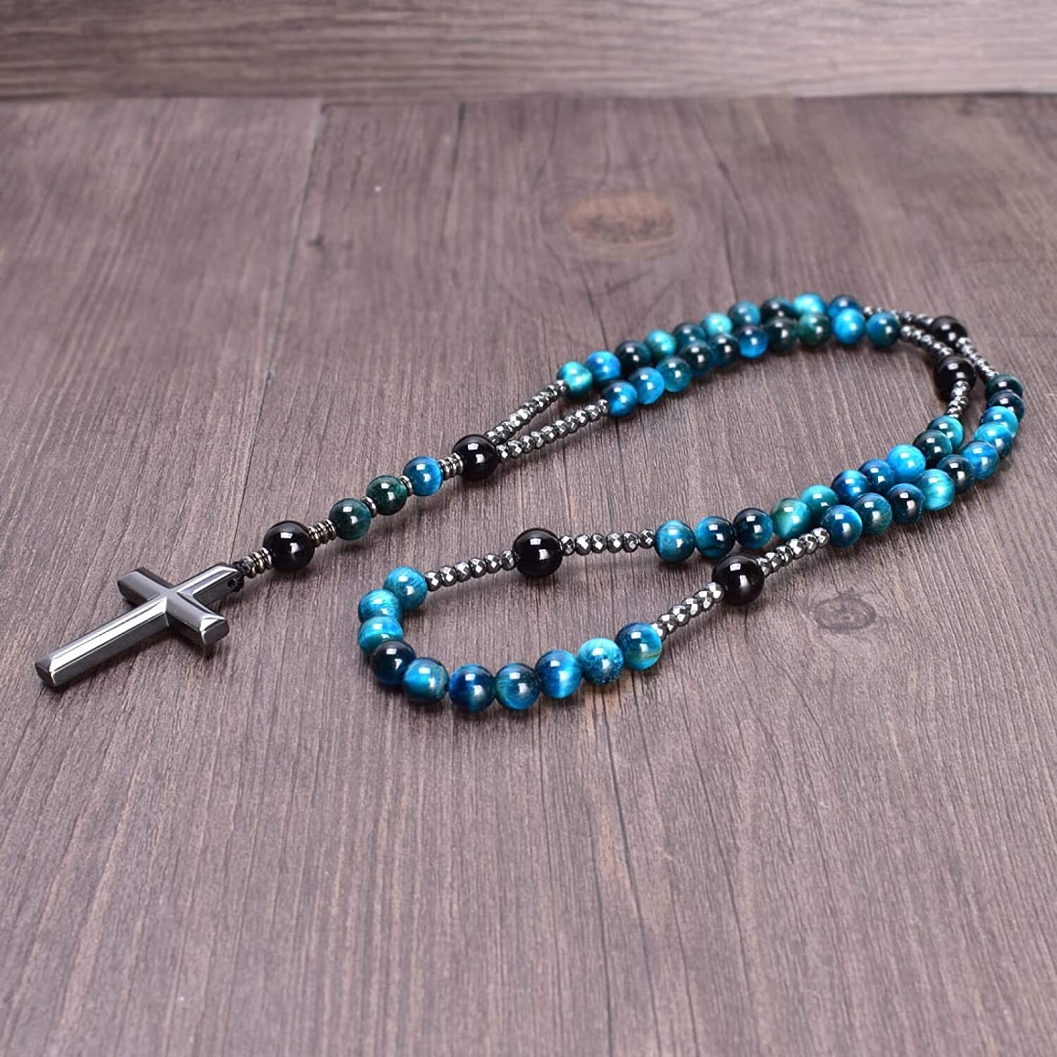 Blue Tiger’s Eye Obsidian Stone Beaded Necklace Beaded Hematite Cross Pendant