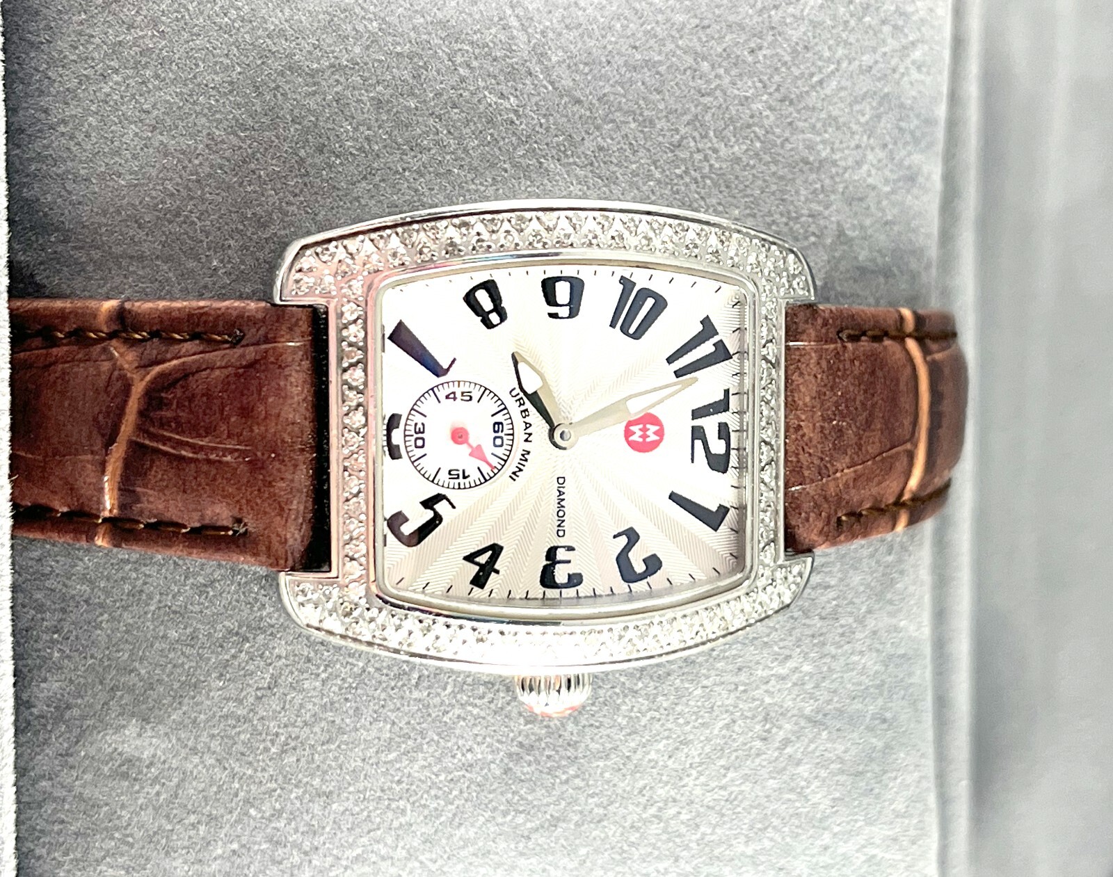 Michele Mini Urban Diamond Watch With Brown Leather Band in Excellent Cond.