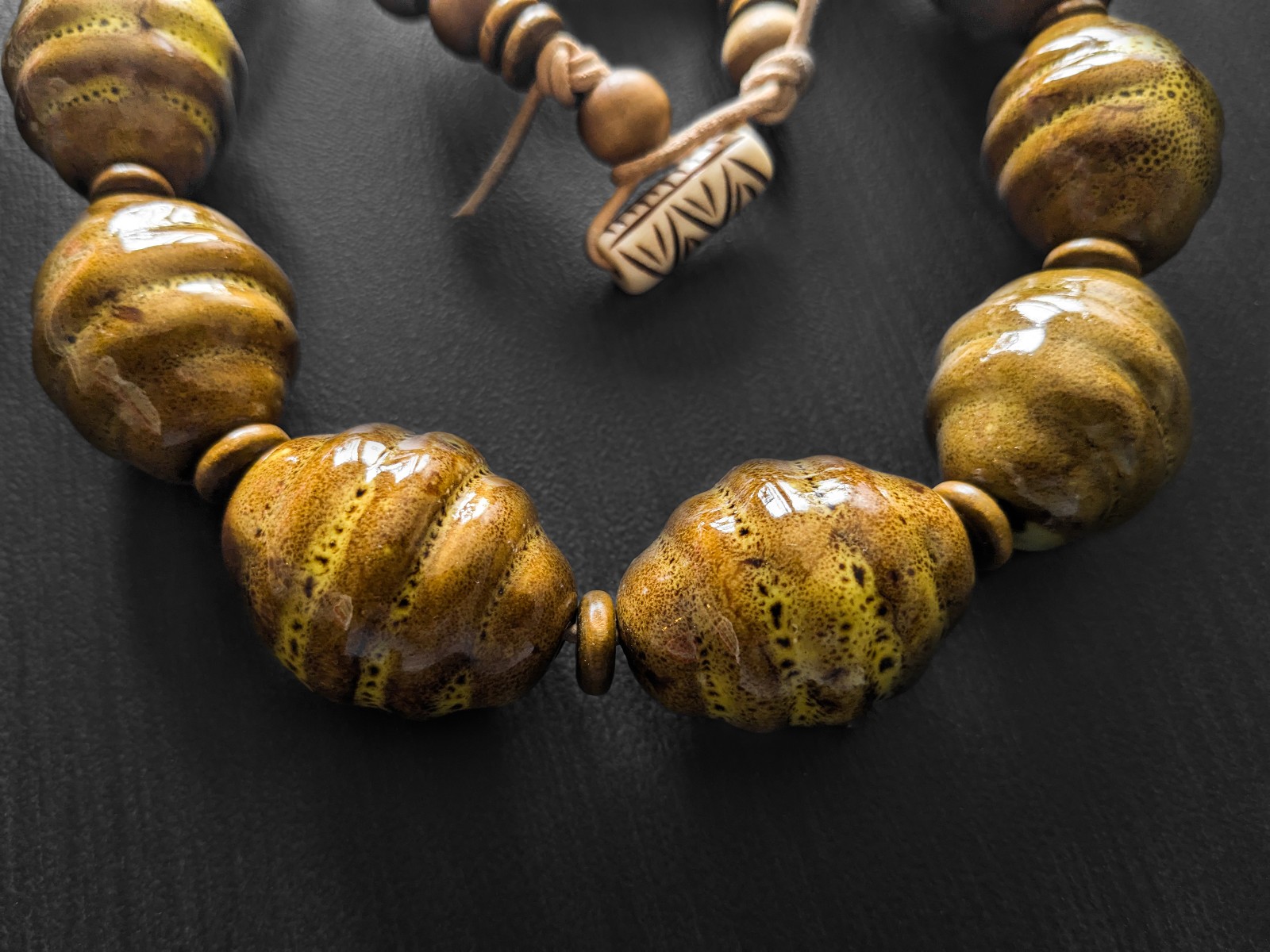 Handmade Mustard Yellow Chunky Ceramic Bead Necklace Gift Statement Jewelry