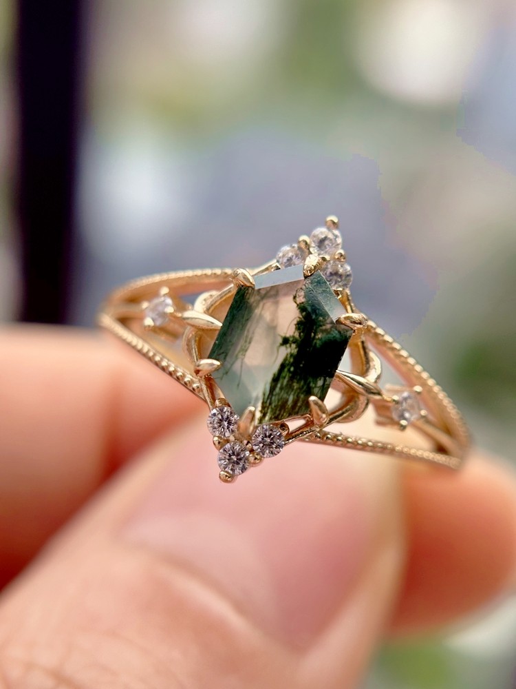 vtg Hexagon Kite Natural Moss Agate 925 Sterling Silver, Rose Gold Plated ring