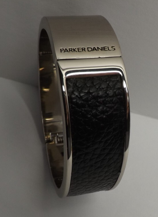 Parker Daniels Hinged Logo Block Black & Rhodium Bracelet – Leather Insert #PDJ9