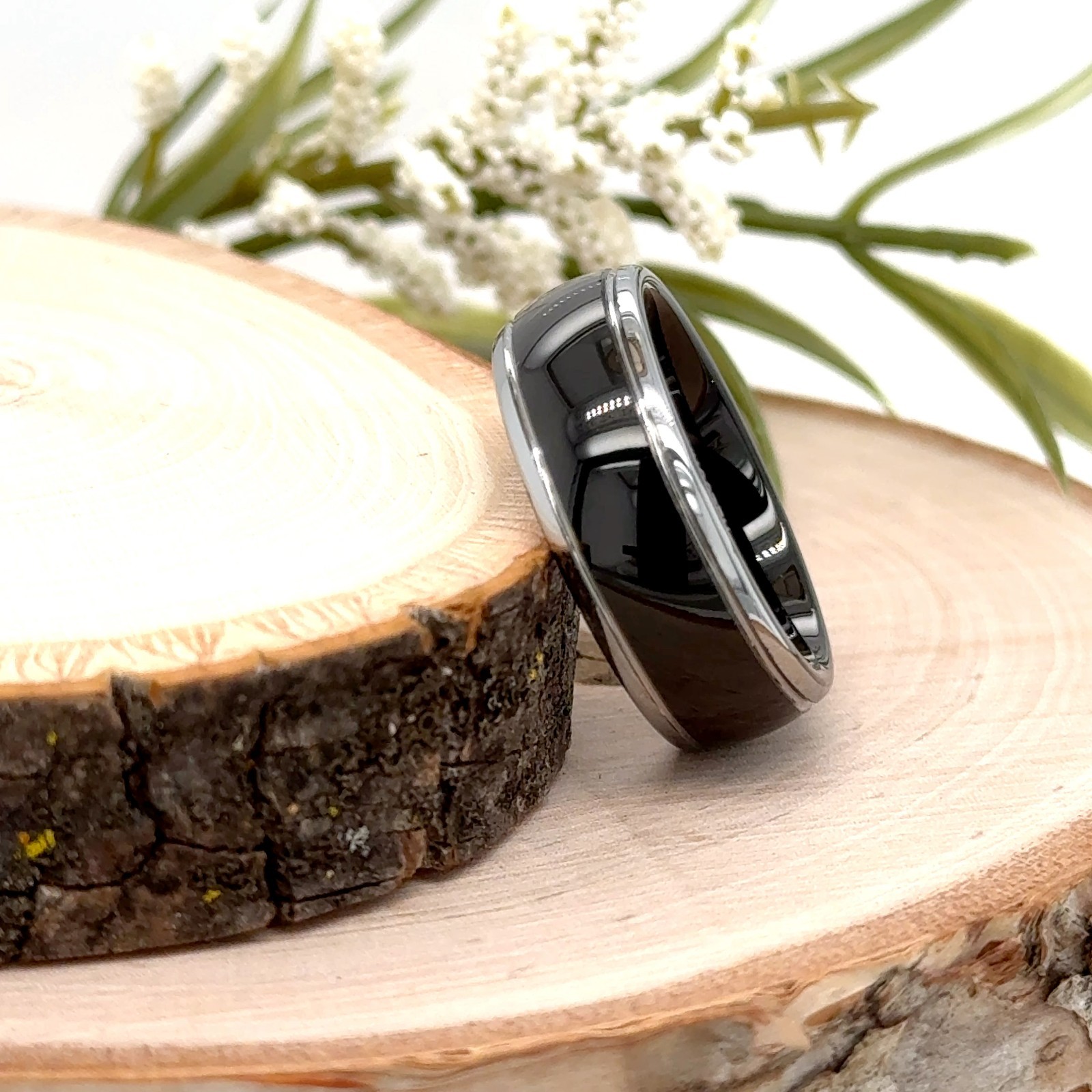 Polished Beveled Edges Band For Christmas Gifts 8mm Silver & Black Tungsten Ring