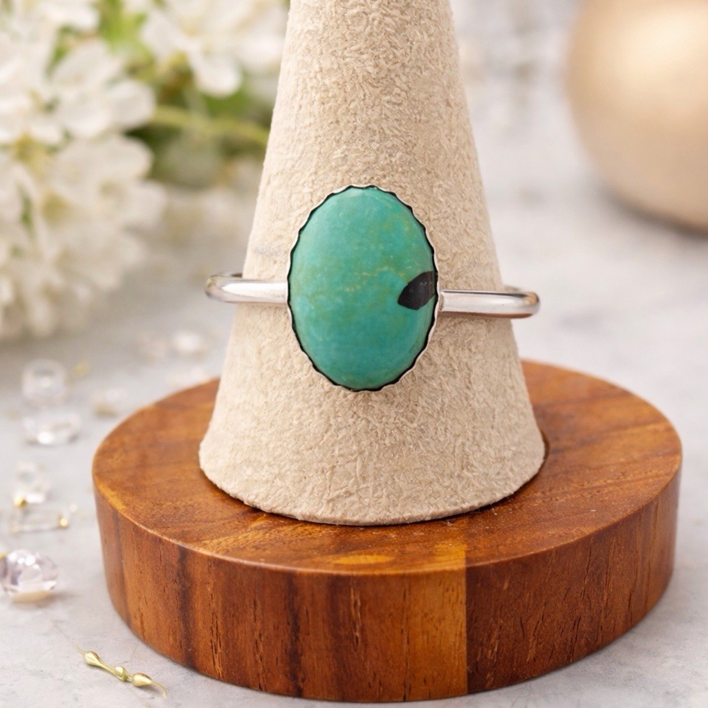 Turquoise Ring Sterling Silver Genuine Hubei Handmade Size 8 Oval Statement
