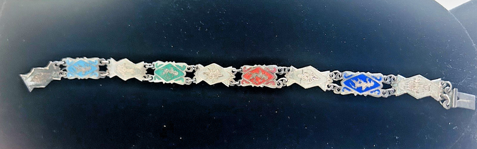 Vintage Siam Sterling Silver Niello 8 Panel Bracelet Thai Deities Gods 7 1/4″