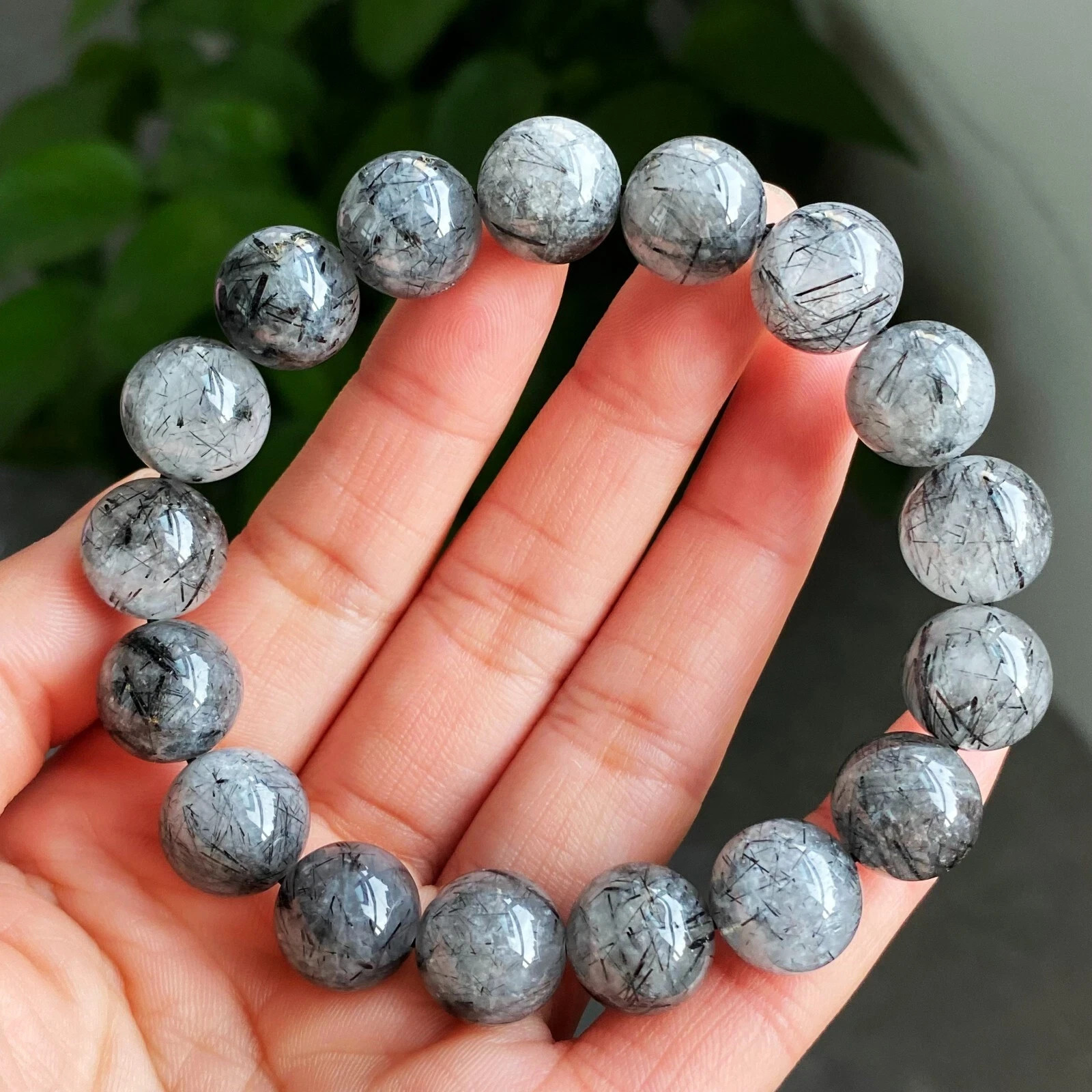 12.9mm Natural Black Rutilated Quartz Crystal Beads Bracelet AAAA C1682