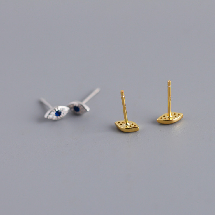 Tiny EVIL EYE STUD EARRINGS W/ BLUE WHITE Crystal CZ 925 STERLING SILVER Set H4