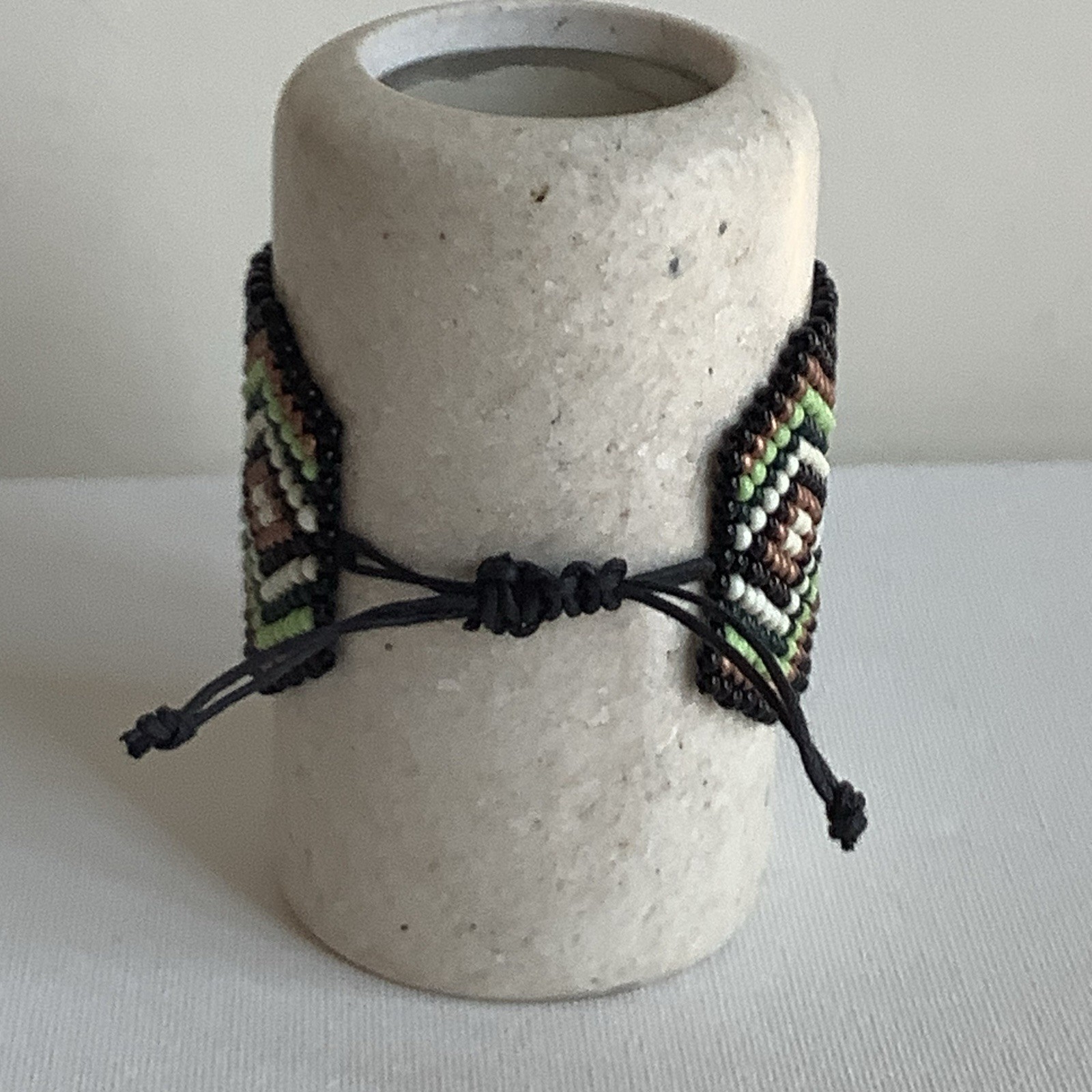 Handmade Beadweaving Bracelet in black, copper, lime green, dark green, cream
