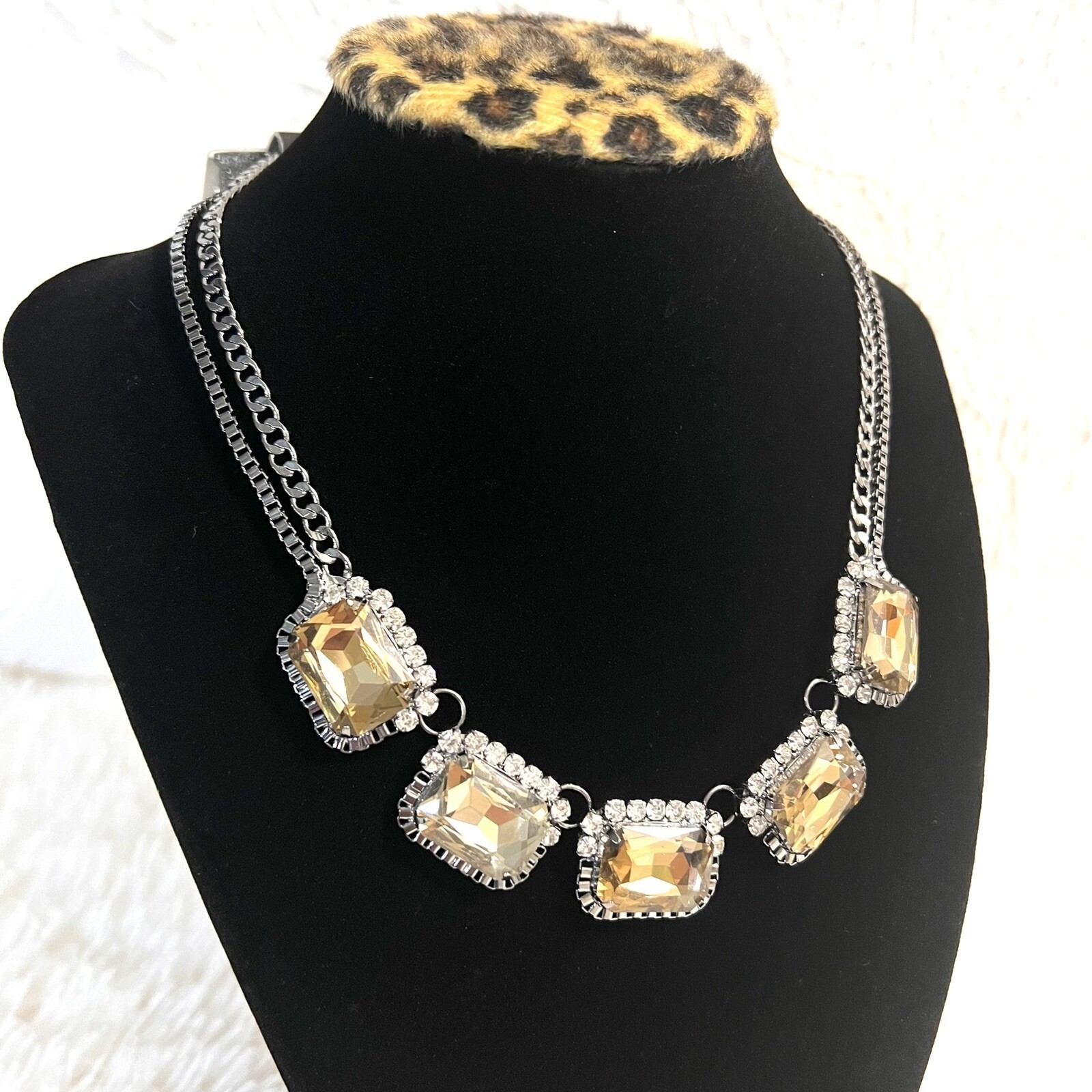 FAUX CITRINE RHINESTONE GLASS SILVER TONE CHOKER DOUBLE CHAIN NECKLACE 16.5″+ 3″