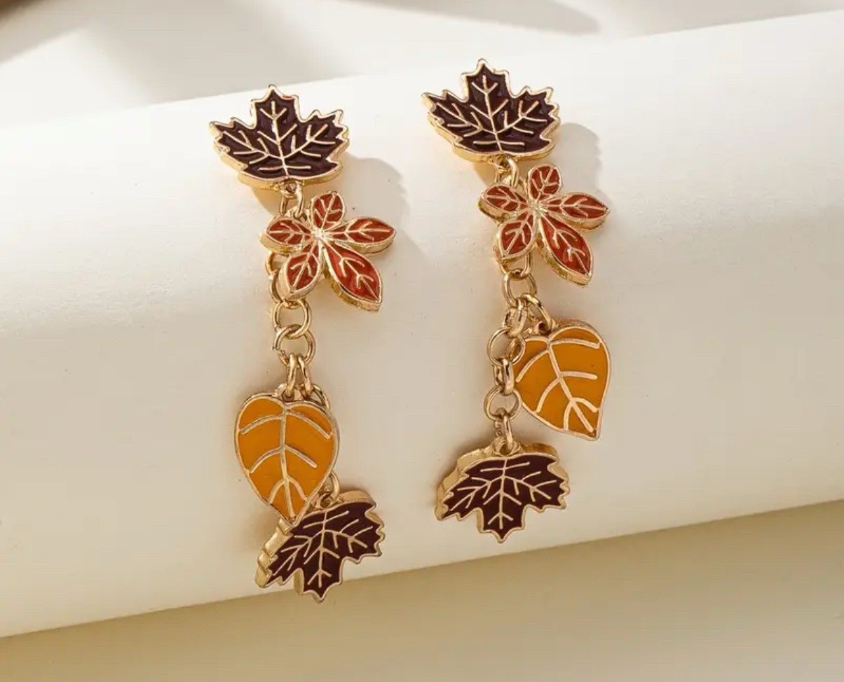 Autumn Fall Vintage Maple Leaf Golden Stud Drop Earrings Red Orange Brown Leaves