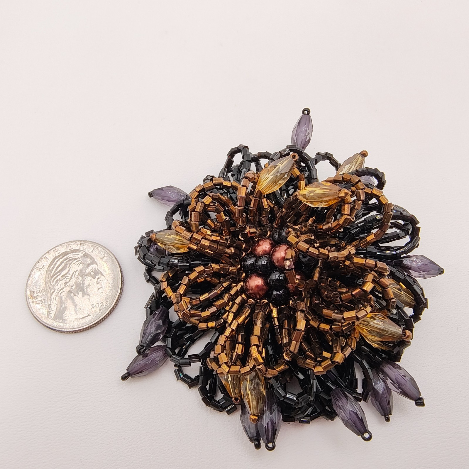 Beaded Flower Brooch Brown Black Boho Glam Maximalist Style Fashion Large