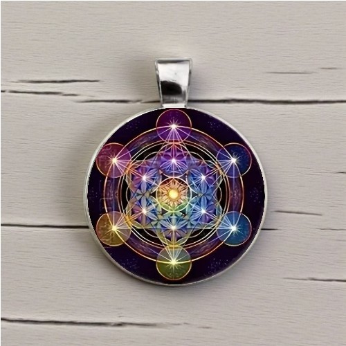 Geometry Metatron Cube Pattern Round Glass Art Pendant / Charm (No Chain)