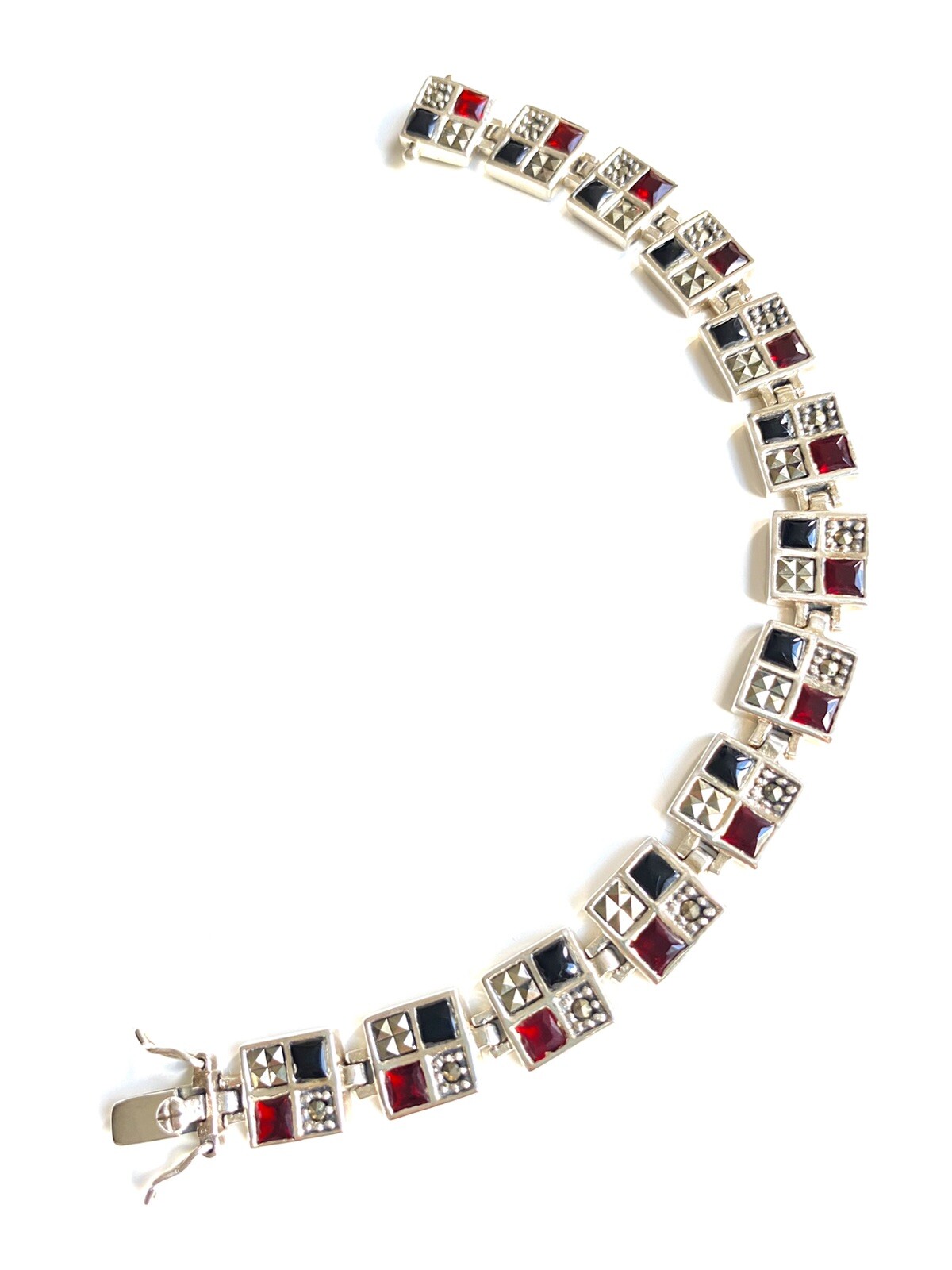 GARNET ONYX Squares BRACELET w/ Marcasite 925 STERLING SILVER (7.5 inch Long)