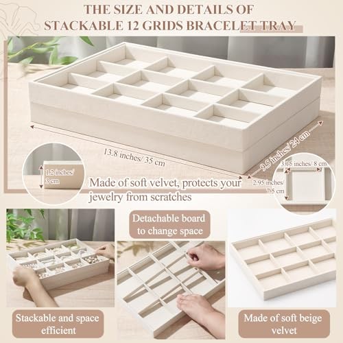 Cinnvoice 4 Pcs Stackable Jewelry Organizer Tray, 12 Grids Velvet Beige
