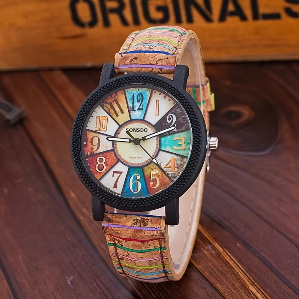 Vintage Wood Grain Women’s Watch Color Block Fashion Analog PU Leather