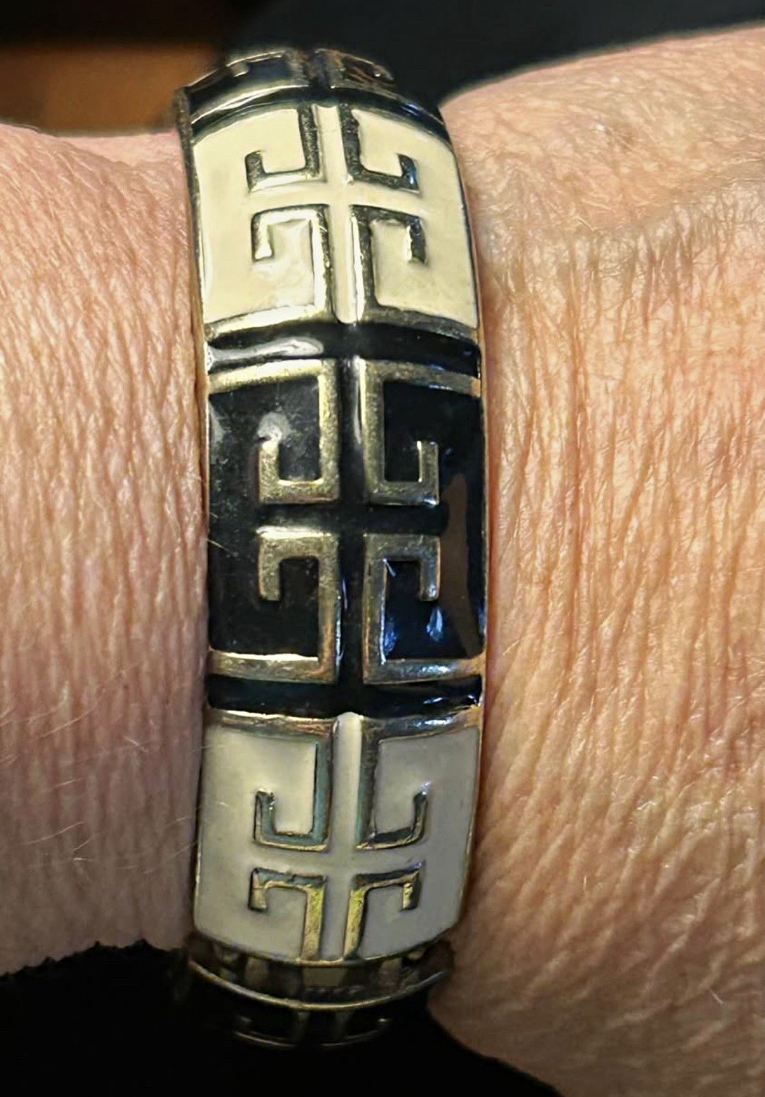 Vintage Black Ivory Enamel Greek Key Hinged Clamper Bangle Bracelet