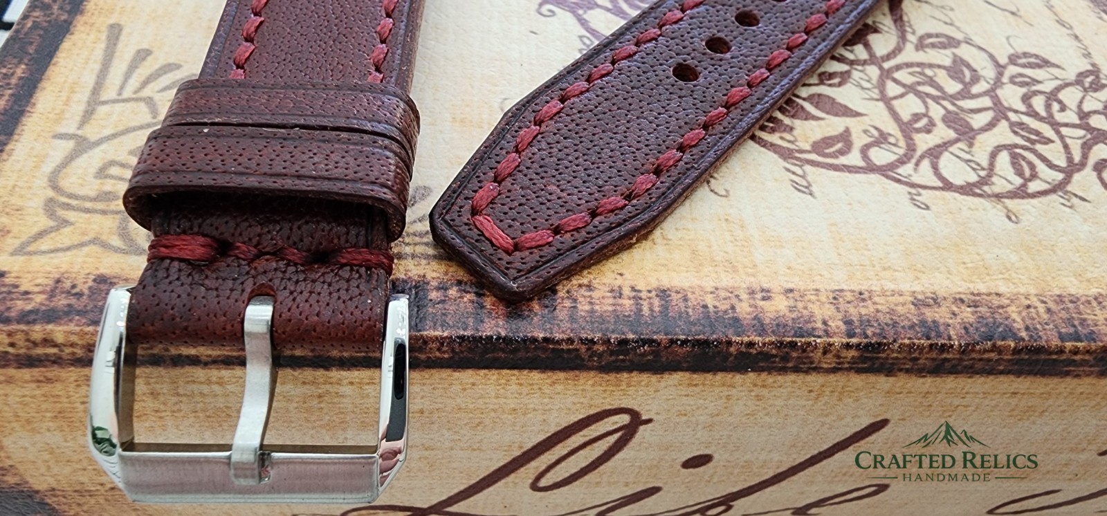 20mm Handmade Burgundy Italian Waxed Leather Watch Strap Red Stitch 20-18
