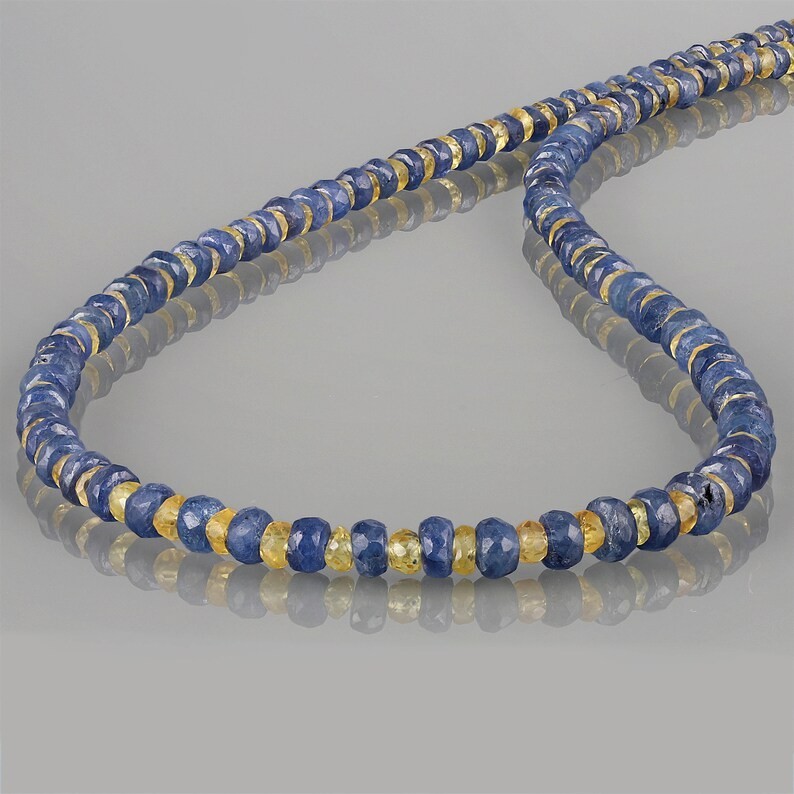 AA+ Blue And Yellow Sapphire Gemstone Beads Necklace In 925 Silver Woman Jewelry