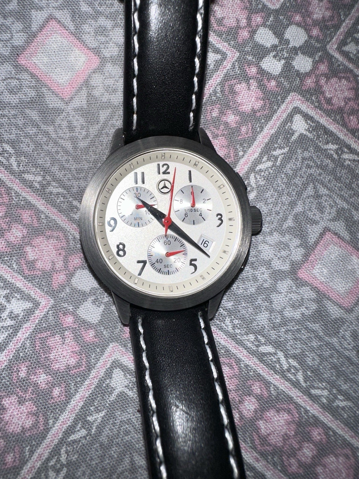 Mercedes-Benz Quartz Analog Chronograph Date Sport Wristwatch Black Leather Men