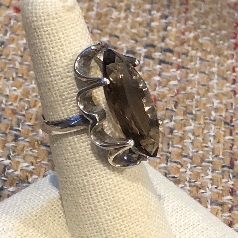 Faceted Smoky Quartz Faceted Tension Mount Vintage Sterling Silver Ring Sz 6