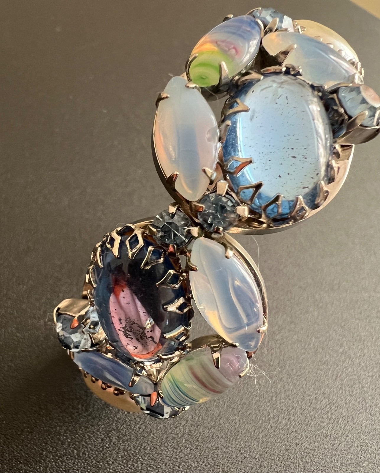 A132 Vintage Juliana Blue Glass Givre Cabochon Pearl Silve Clamper Bracelet