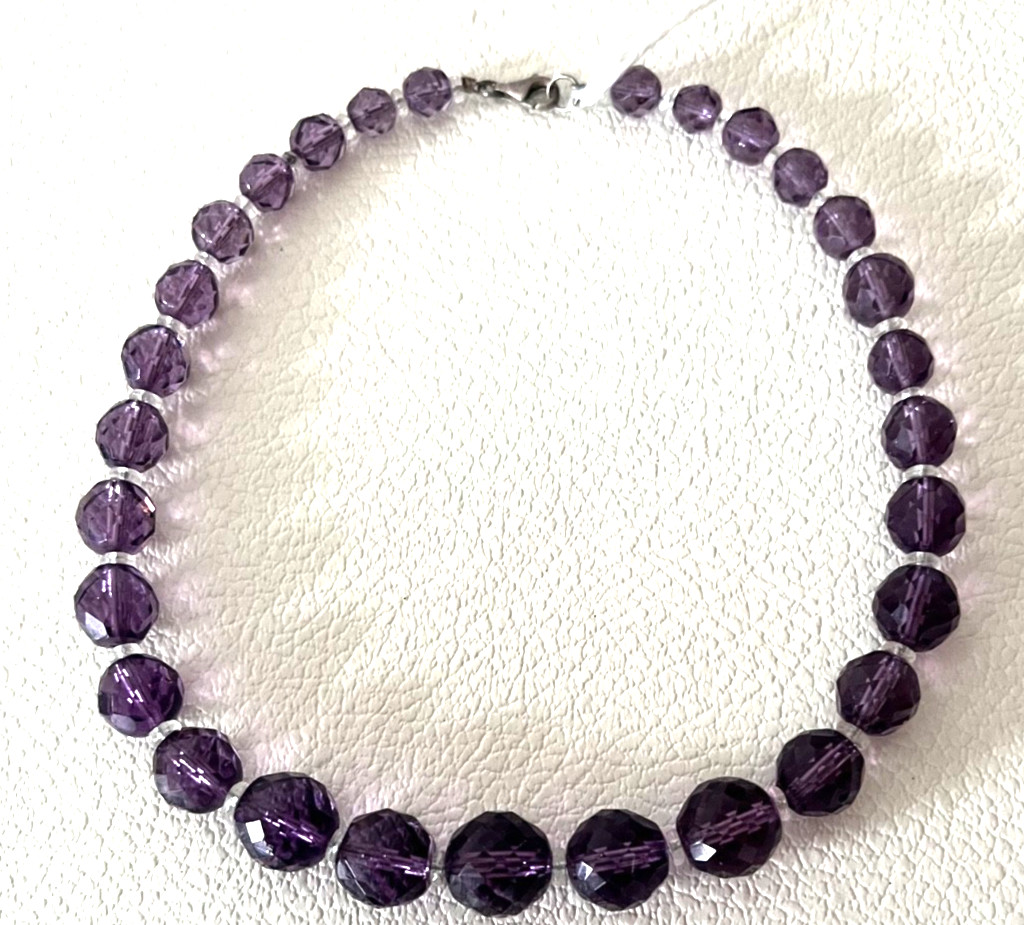 Purple Faceted Amethyst Glass Beaded Necklace- Sterling Silver Clasp Free Ship