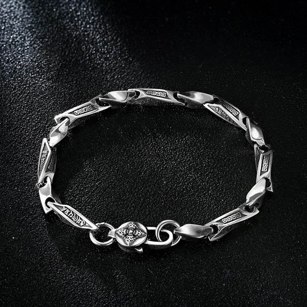 Pure 925 Sterling Silver Bracelet Engraved Six-Word Mantra Twisted Tube Design