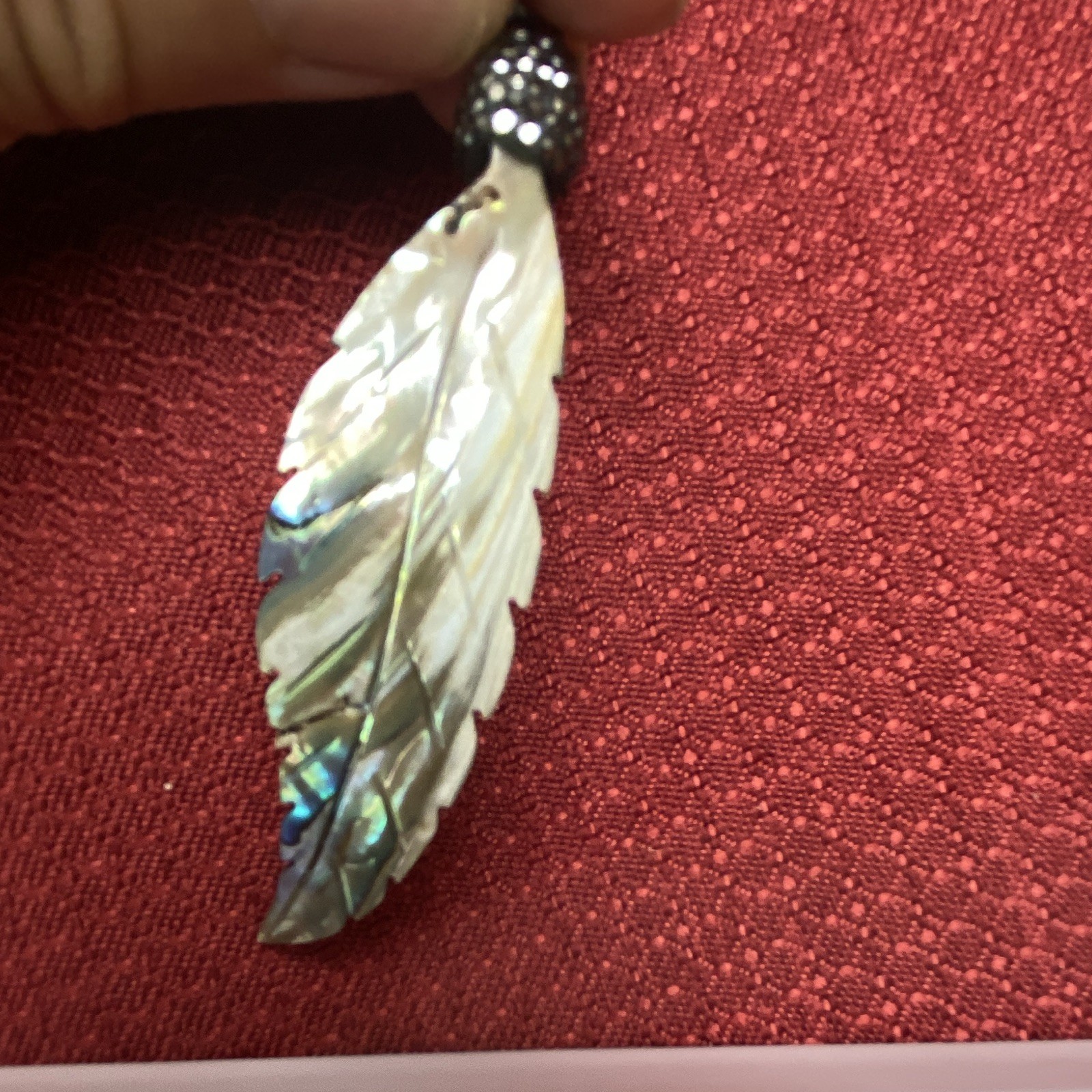 Vintage-Style Carved Abalone Shell Feather Pendant Charm Rhinestone Silver Black