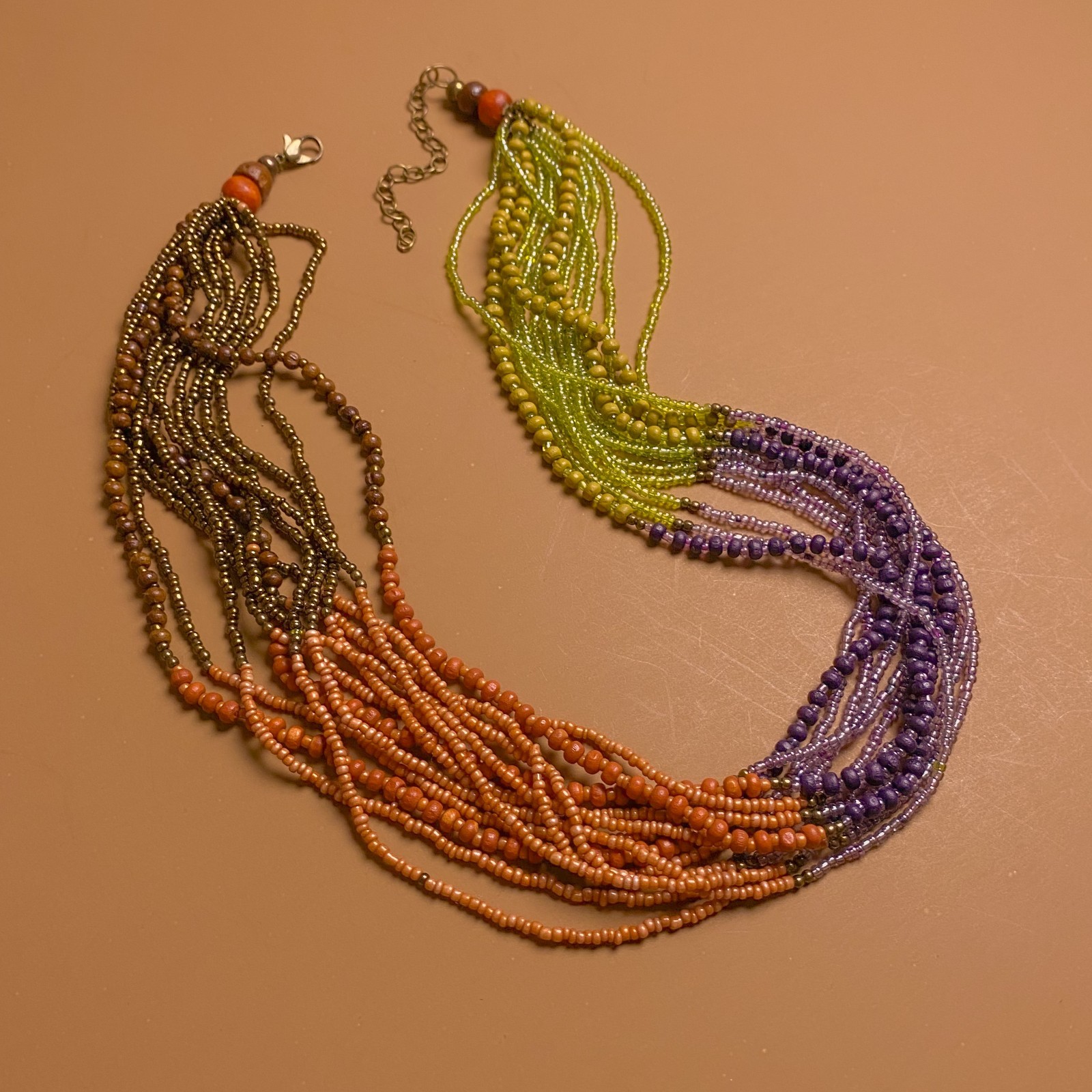 Tribal Boho Earth Tone Multi Strand Glass Wood Seed Beaded Torsade Necklace