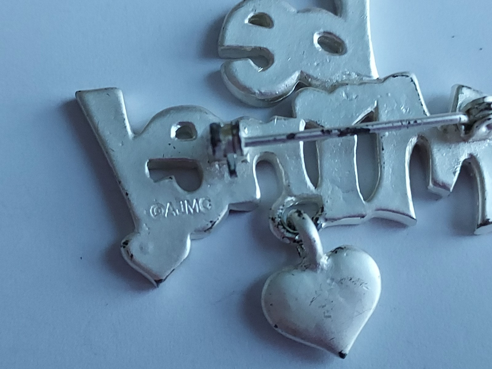 Rhinestone Valentine Pin “Be Mine” Signed AJMC Silver Tone Metal Vintage