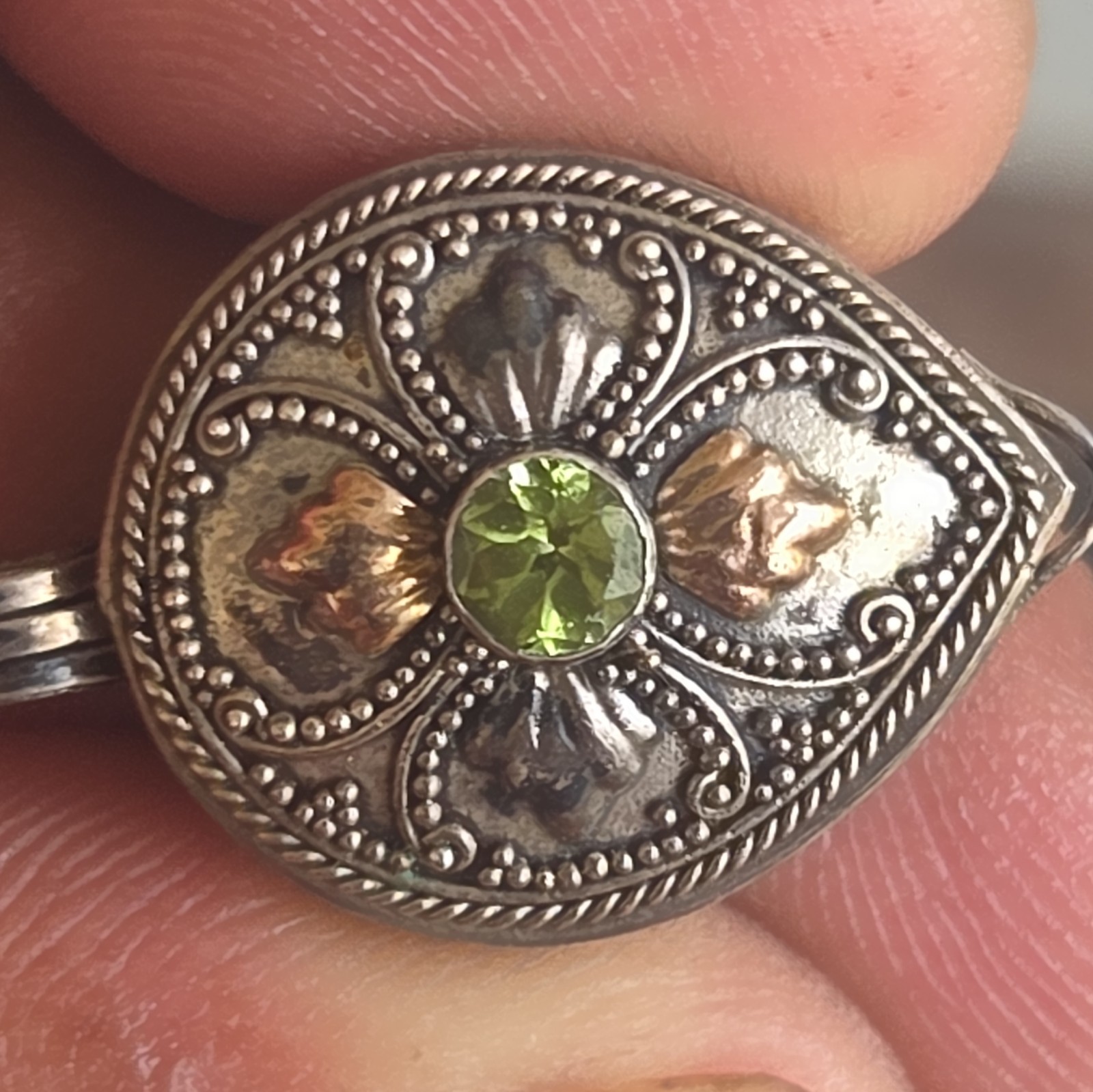 3 Peice Lot of Vintage Signed 925 Peridot Poison Pill Box w 925 Dangle Earrings