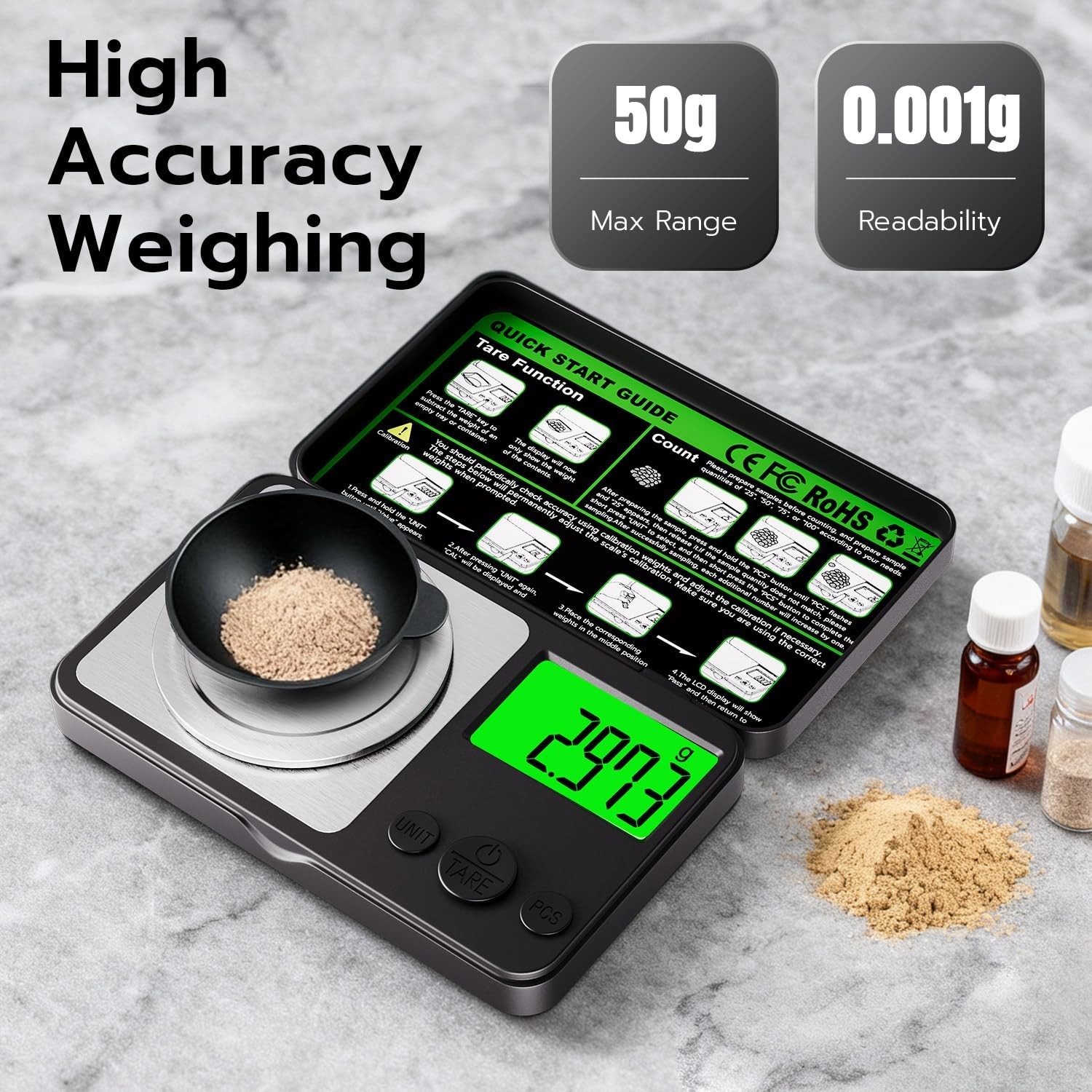 Digital Milligram Scale 50G X 0.001G, Mini Precision Scale with Tare Weight Func