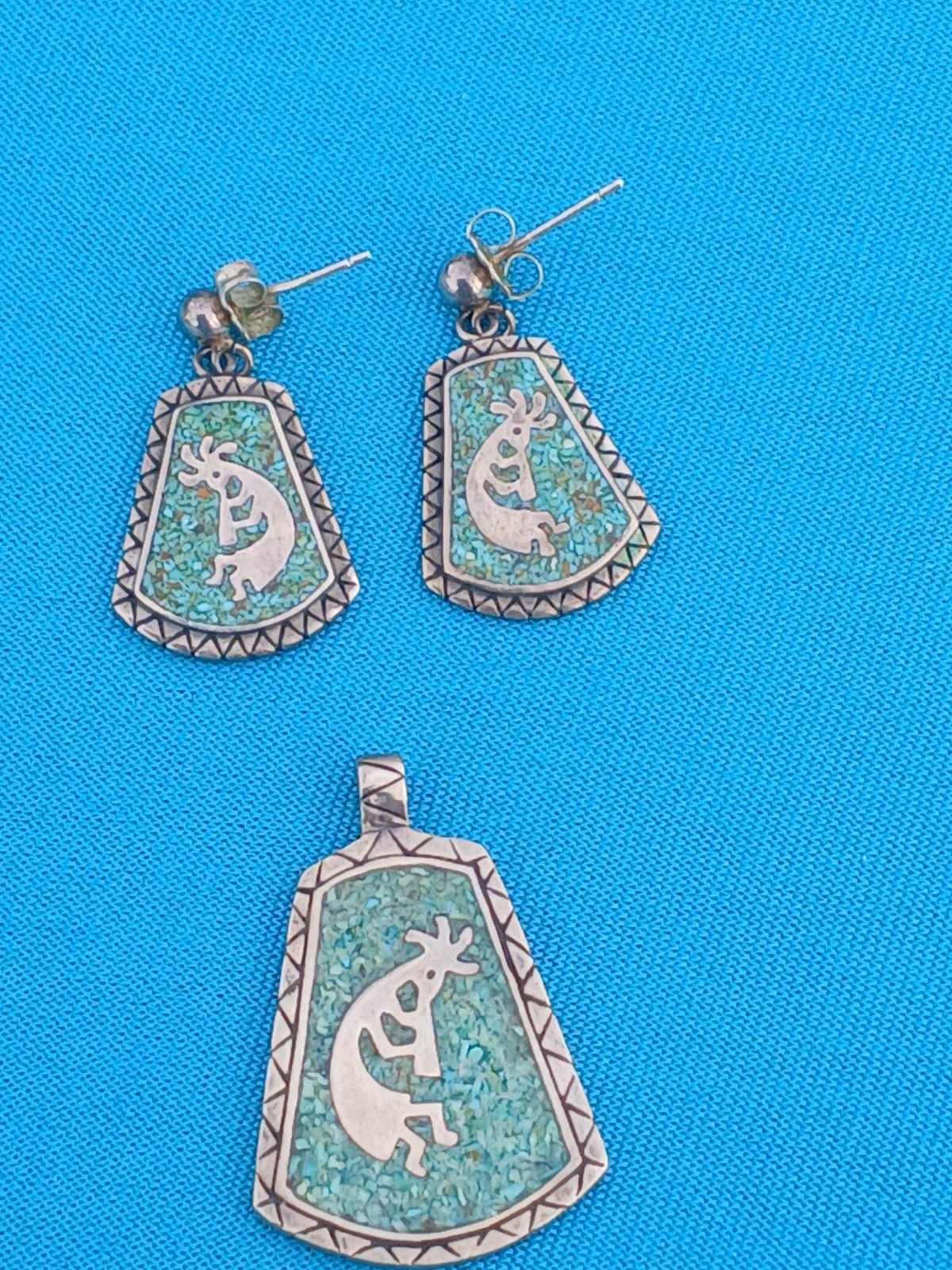 925 Sterling Silver Kokopelli Turquoise Inlay Pendant & Earrings Set