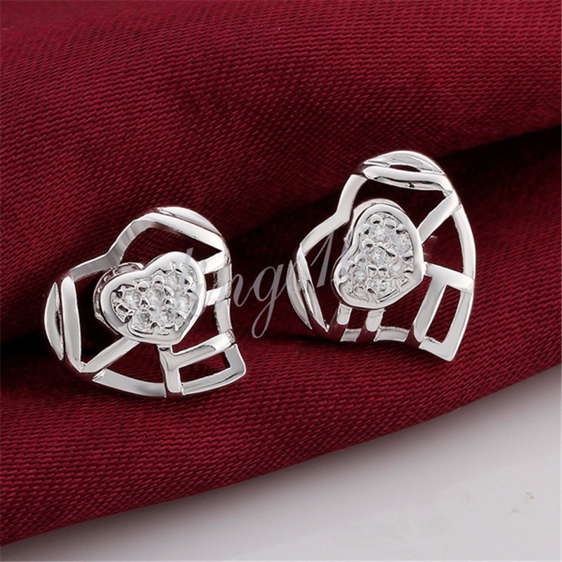 Classic 925 Sterling Silver See-through 2-Heart Crystal Stud Post Earrings F882