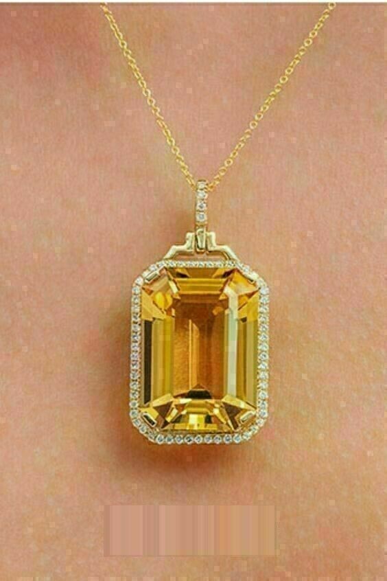 3.50Ct Emerald Cut Citrine & Diamond Halo Women’s Pendant 14K Yellow Gold Finish