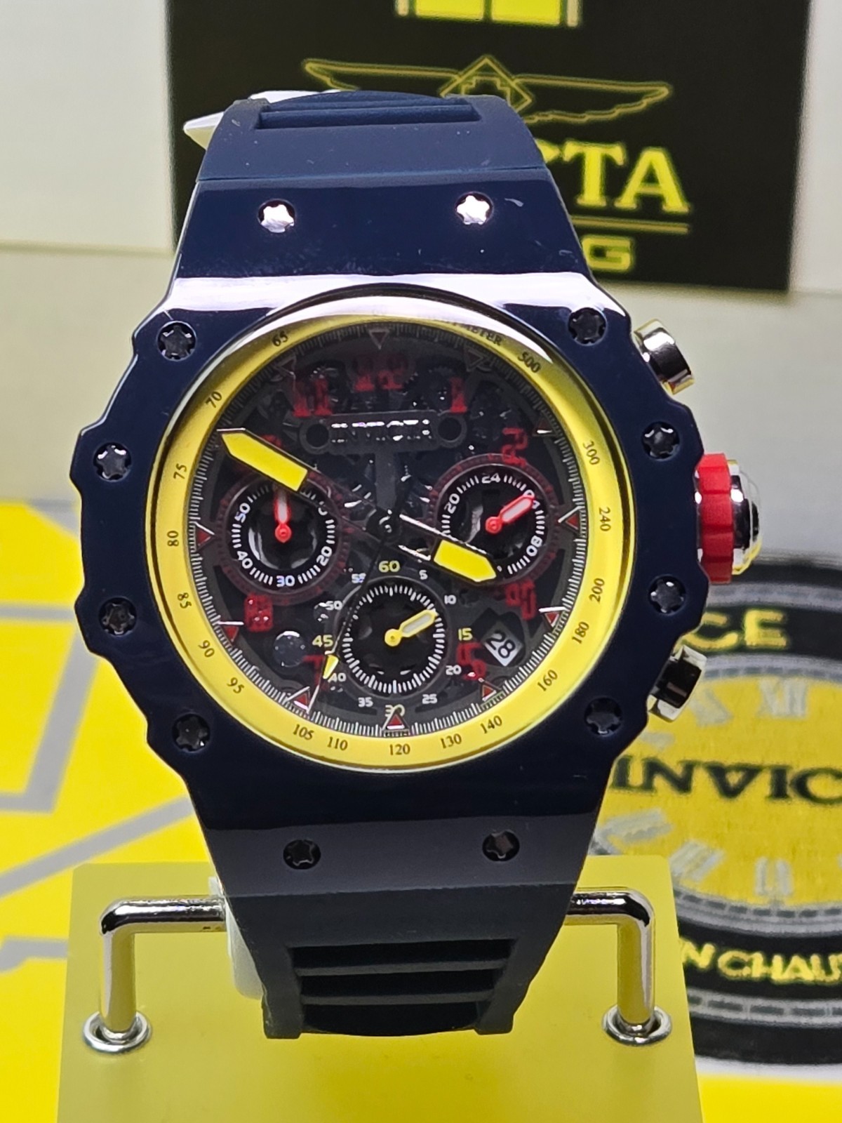 Invicta Racing Valyron Dark Blue/Yellow/Red 43.5mm Men’s Watch w/ Black Dial NEW