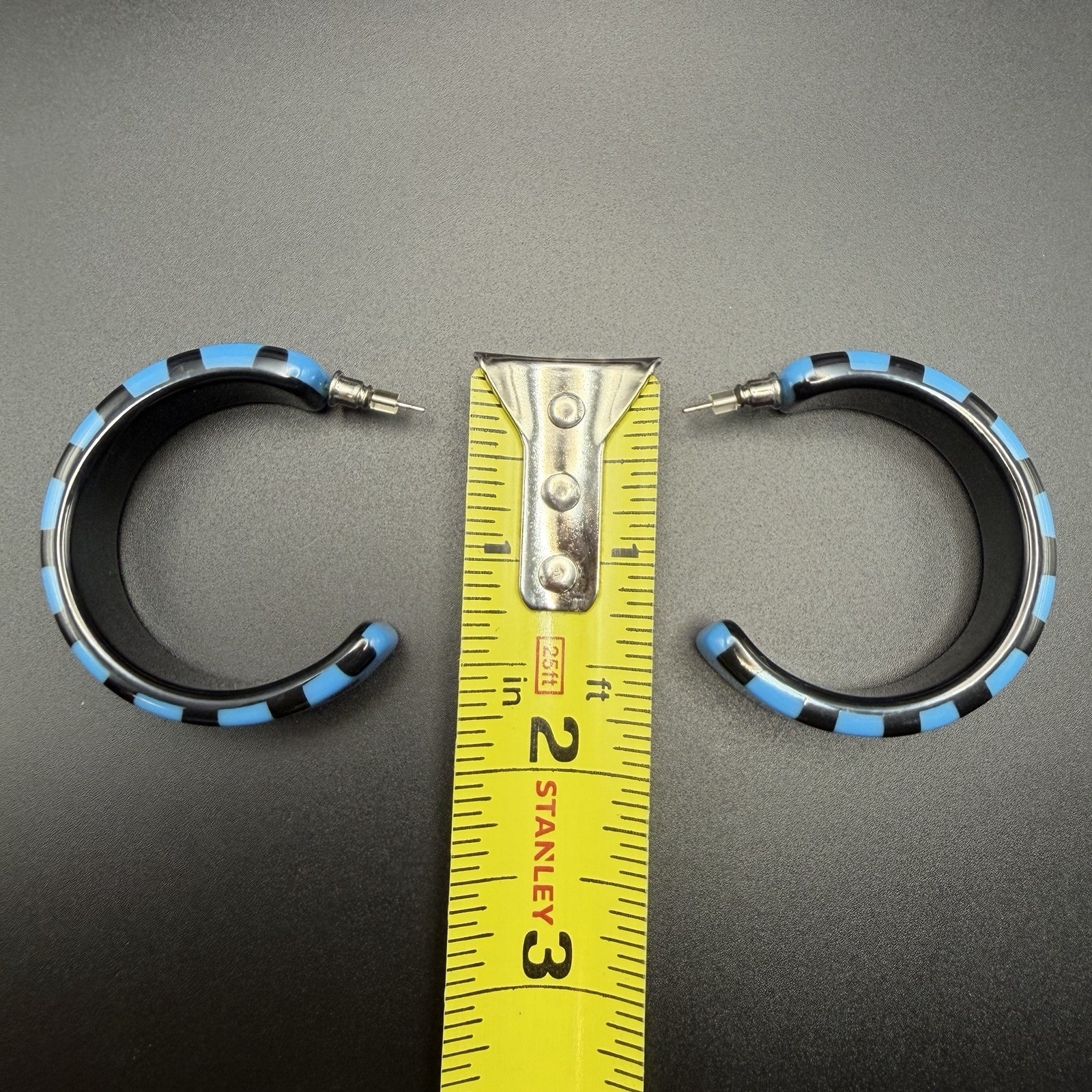 Vintage Black Blue Checkered Hoop Earrings Polka Dot Plastic Resin 1980s Retro