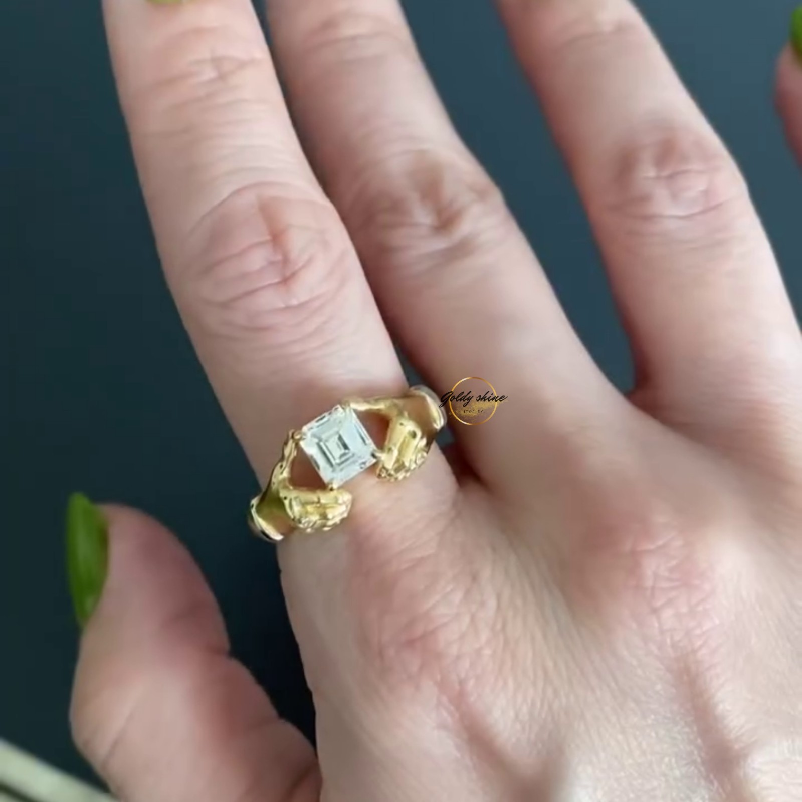 1 Ct Asscher Cut Moissanite Grasping Hands Artistic Ring 14K Yellow gold plated