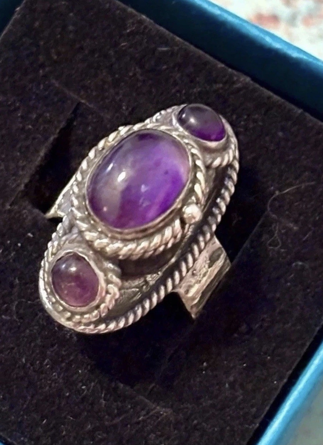 Mexico Sterling Silver 3-Stone AMETHYST Poison Locket 925 Ring 7-9 adjustable