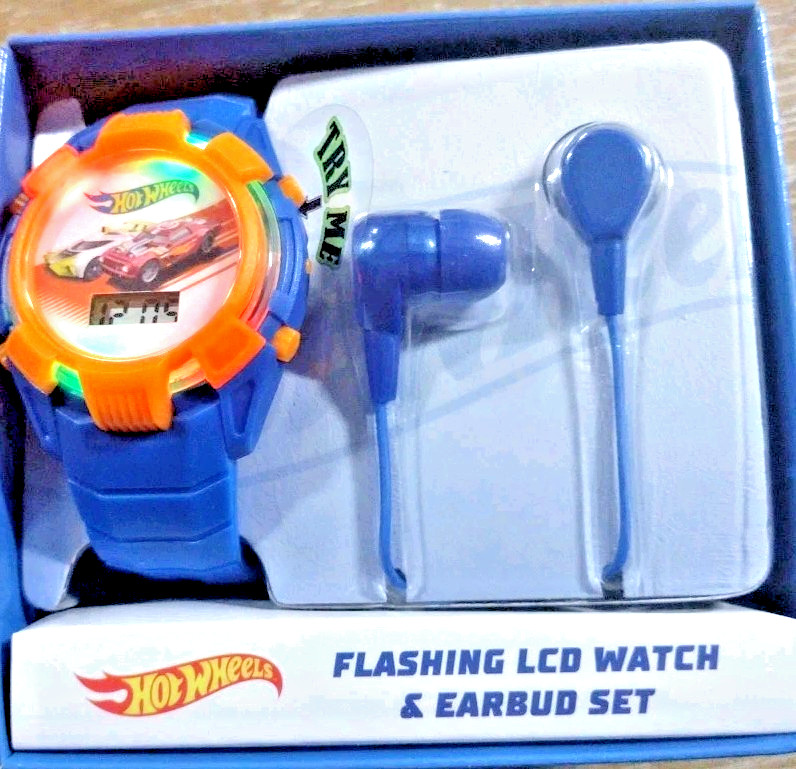 Kids Watch Hot Wheels Kids Watch Light-Up LCD Display & Earbud Set New. T13