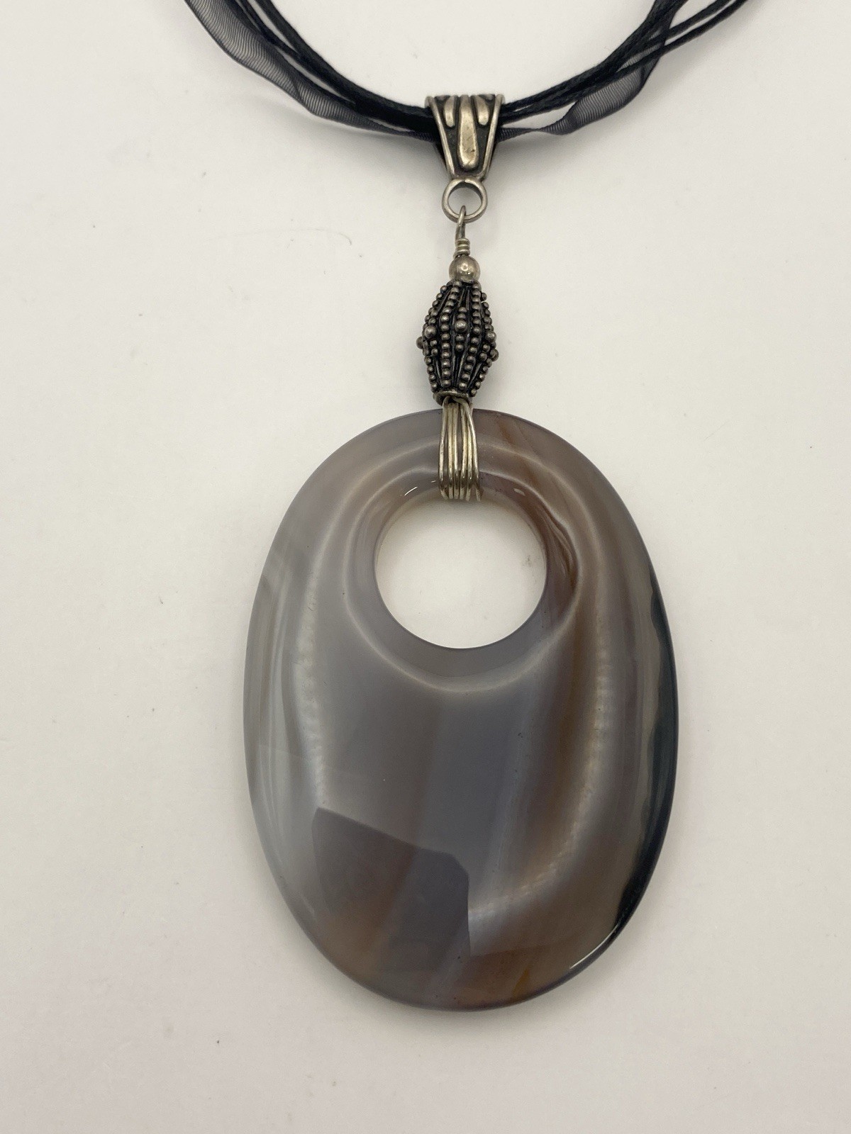 Agate Donut Pendant Necklace Large Oval Striped White Purple Brown Stone