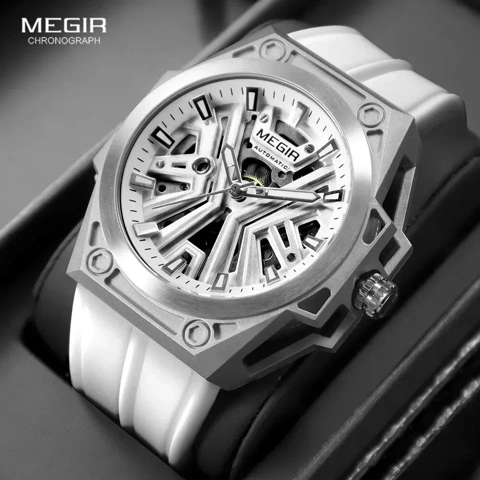 MEGIR Men Automatic Mechanical Watch Skeleton Dial Silicone Strap Waterproof8603