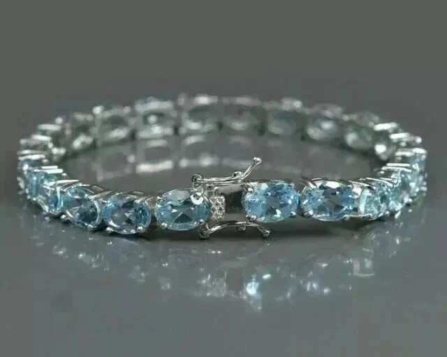 9.00 Ct Oval Cut Natural Aquamarine Tennis Bracelet 14K Solid White Gold
