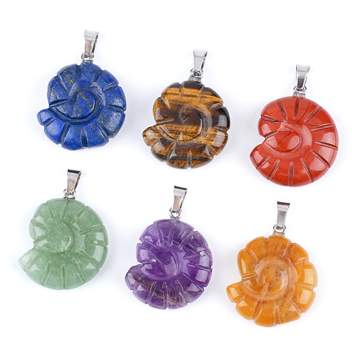 5PCS Carved Gemstone Conch Shell Pendant 25mm Crystal Ammonite Fossil Charms